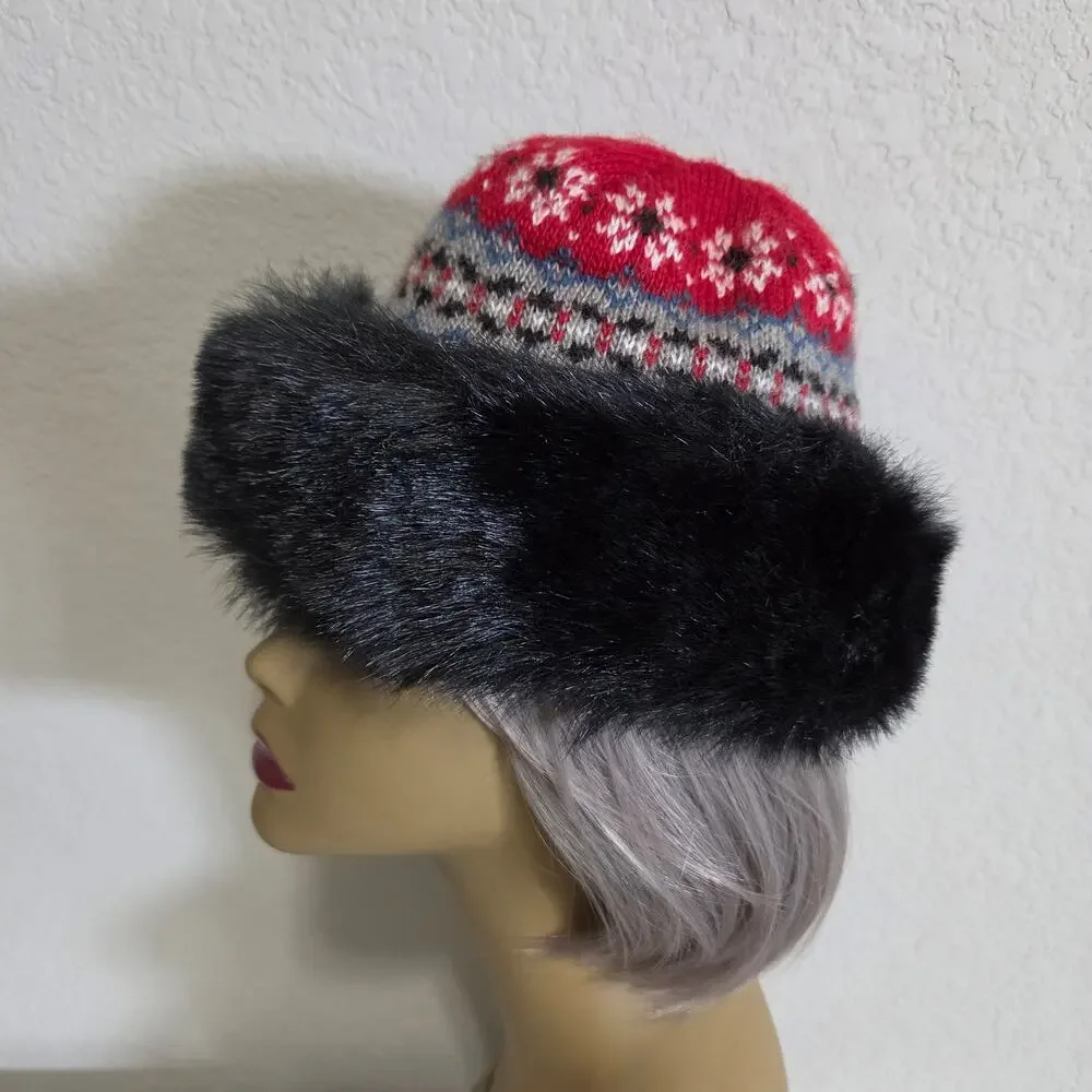 Fair Isle Knit Hat with Black Faux Fur Trim Womens One Size Winter Nordic